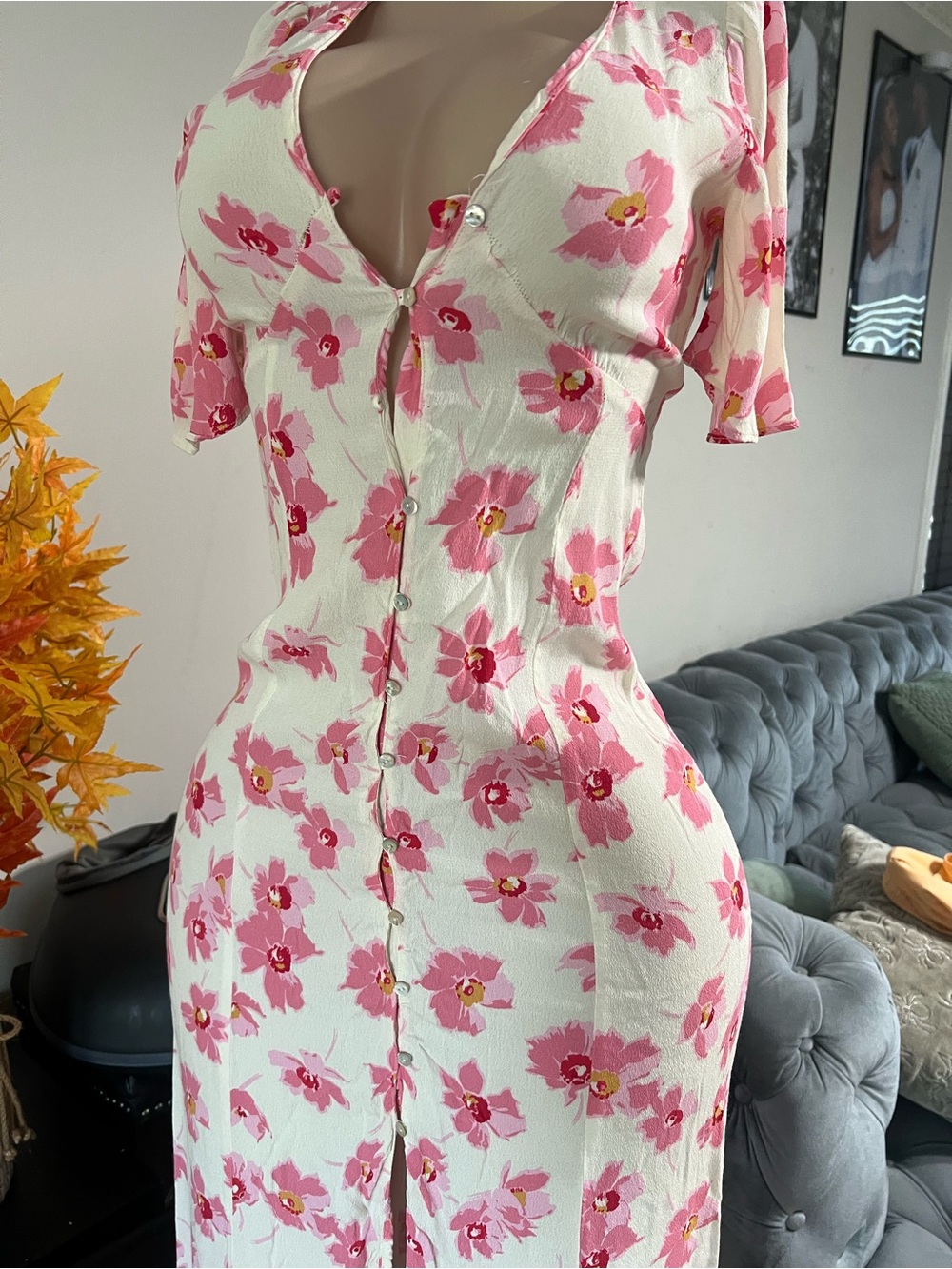Zara Cream Midi Dress with Pink Floral Print - Picture 5 of 6